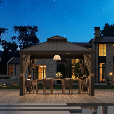 Pavillon de jardin extérieur rigide 12 po x 12 pi avec double toit en acier galvanisé, crochets intégrés et base ancrée pour le jardin, le patio et la cour arrière