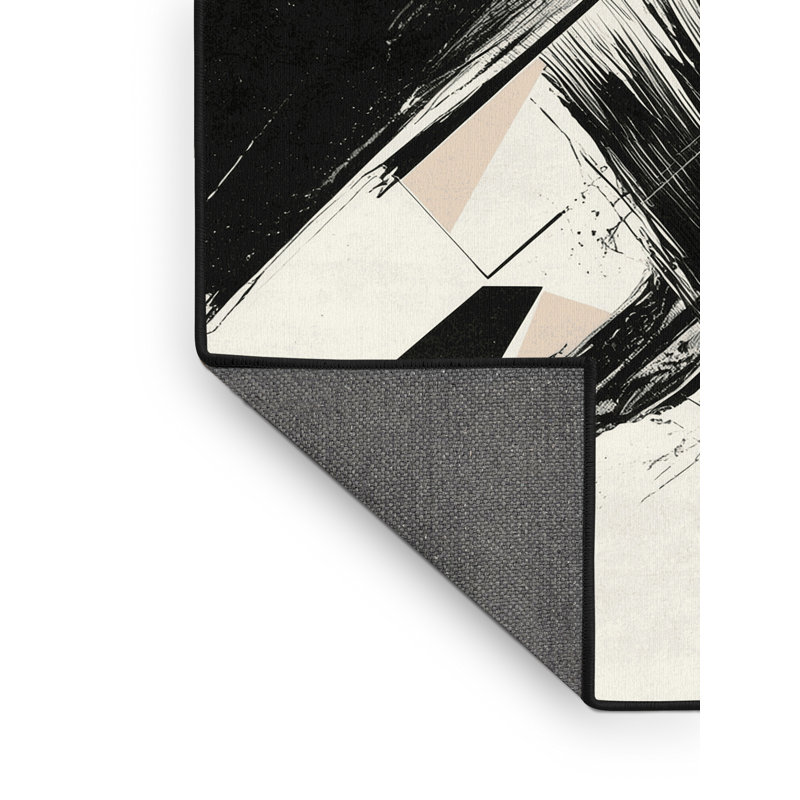 Soft Plush Ebbert Eclectic Geometric Area Rug in Beige – Black Binding, 7x10