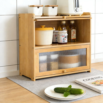 Armoire de rangement à 2 niveaux en bambou avec portes en acrylique, organisateur de garde-manger autoportant pour les épices, la vaisselle et le rangement des aliments