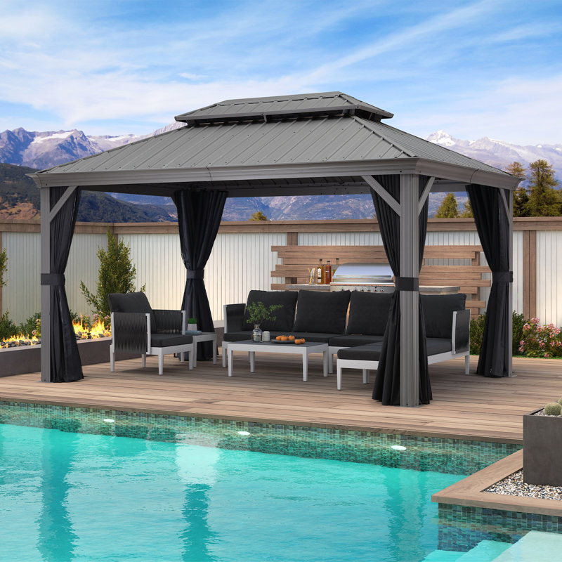 Pavillon de jardin extérieur en aluminium 10 pi x 14 pi à toit rigide mauve avec toit en acier galvanisé double pour terrasse et rideau de pavillon extérieur toutes saisons inclus, gris clair