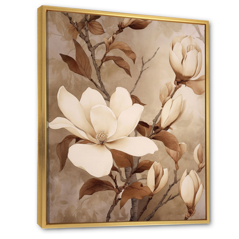 Blanc blanc brun Magnolias nature sérénité - art mural floral, H 40 po x l 30 po x P 1,5 po, Cadre flottant doré