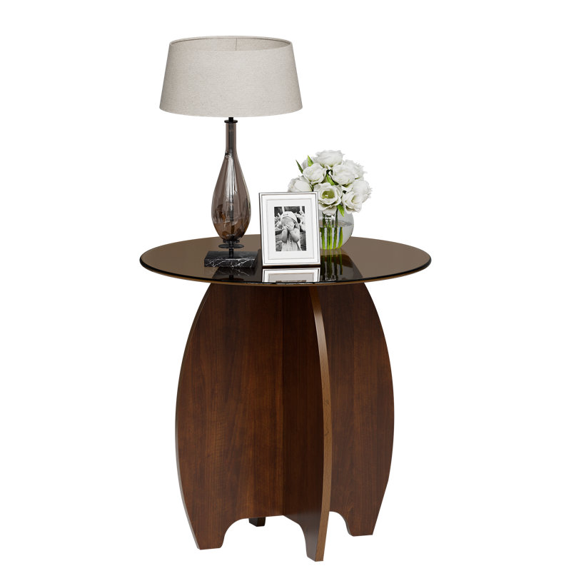 Solid Wood Round End Table With Smoked Tempered Glass Top, 19.6" Tall Living Room Side Table
