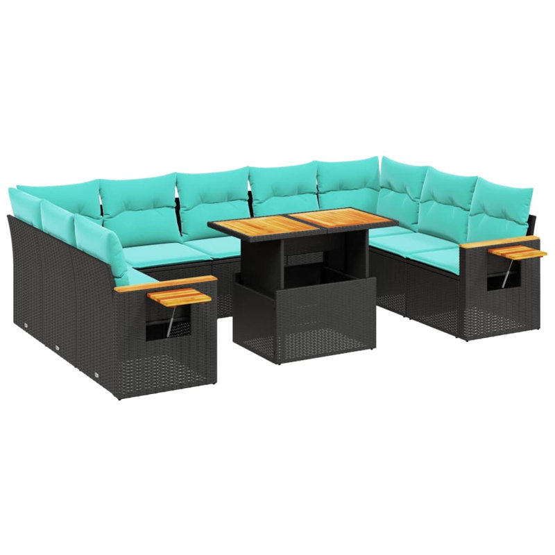  Ensemble de canapé de patio 11 pièces avec coussins en rotin de polyester, Noir, noir, noir, noir, Vert