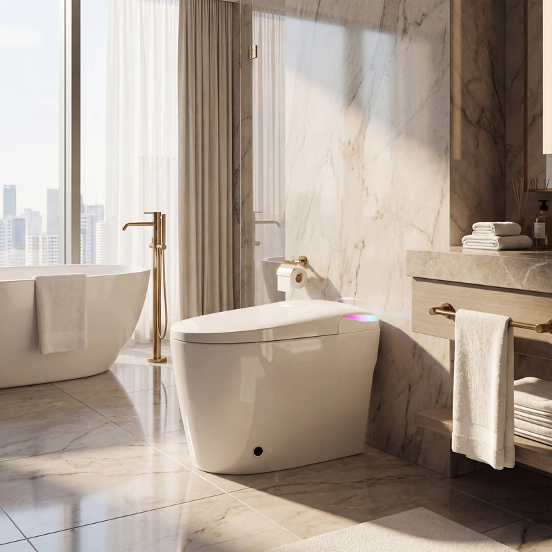 Smart Toilet With Foot Sensor Flush, Heated Seat, Warm Air Dryer, Remote & Knob Control
