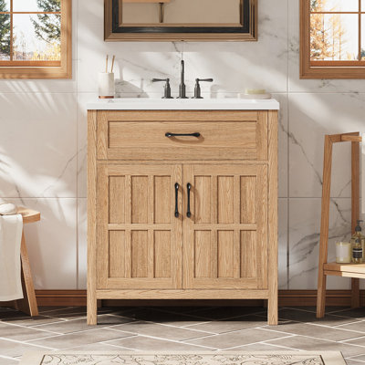 30-Inch Farmhouse Bathroom Vanity with Resin Sink, Solid Wood Frame, Adjustable Shelf, and Cabinet Door Organizers
