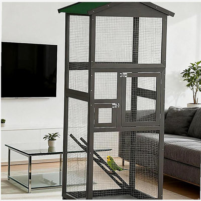 Volière intérieure et extérieure, cage à oiseaux en bois, avec plateau coulissant et 2 portes