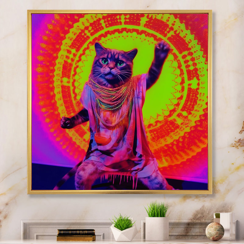 Chat Rave en néon rose - imprimé, Cadre flottant doré, H 24 po x l 24 po x P 1 po