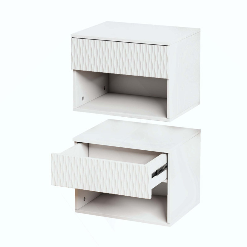 Ensemble de 2 tables de chevet murales modernes avec tiroir, tablette ouverte et design sculpté pour une utilisation polyvalente à la maison