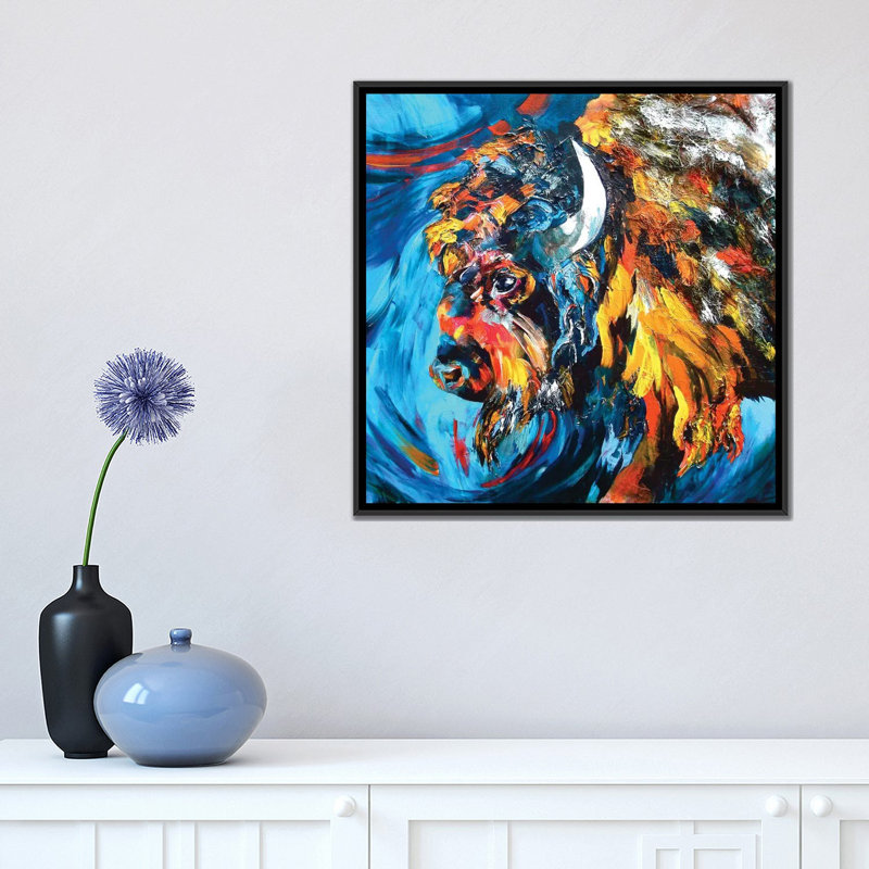 « buffalo », reproduction sur toile, H 18 po x l 18 po x p 1,5 po, Toile avec cadre flottant noir, Pas de tapis