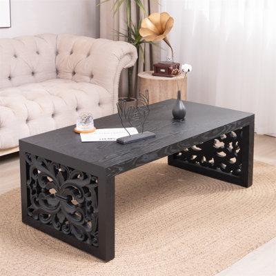 Table basse 47,2 "en bois massif sculpté - aspect fabriqué à la main avec panneaux latéraux ornés
