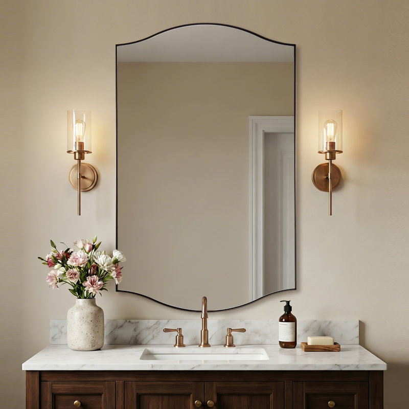 Dual Arch Scalloped Rectangular Bathroom Wall Mirror | Stainless Steel Frame, Brushed Bronze, 48" x 30"