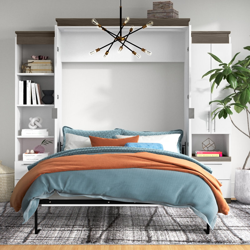 Camalla 104W Queen Murphy Bed and Narrow Storage with Drawers, White