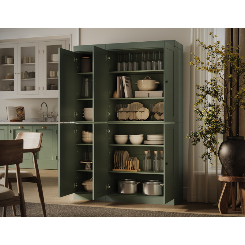 100% Solid Wood 48.5" Pantry Cabinet with Shaker Doors and Adjustable Shelves, Sage