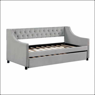Upholstered Twin Daybed with Trundle – Tufted Button Back, Copper Nail Arm Trim – Sturdy Wood Frame, No Box Spring Needed (Mattress Not Included)