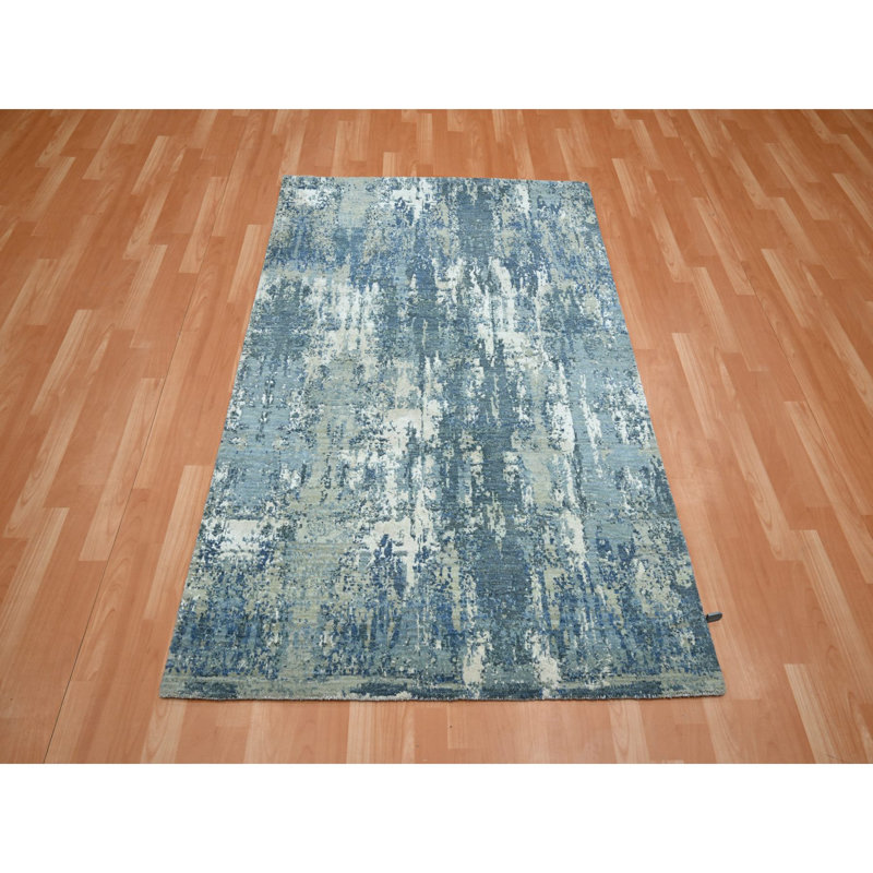 4'1"x6'2" Light Blue Hand Knotted Abstract Design Wool and Real Silk Rug E9F97966EB4A411E9245F76CD3F8A1E8