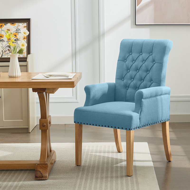 Fauteuil de salle à manger capitonné à dossier haut, lin, Lin bleu
