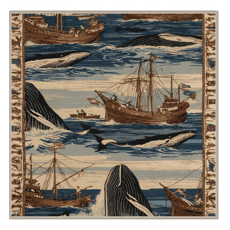 Washable Whaling scenes Nautical Area Rug, Square 5'