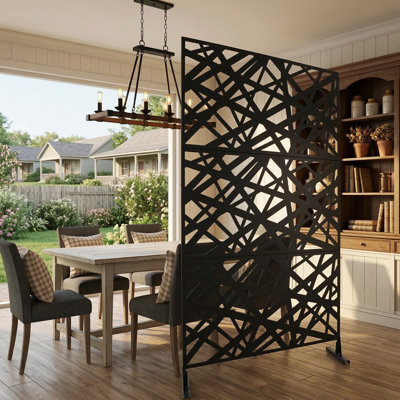 Freestanding decorative metal privacy panel, 76" H x 48" W, versatile for indoor/outdoor use, perfect privacy solution for decks/balconies/patios, doubles as decorative fencing for lawns/gardens.