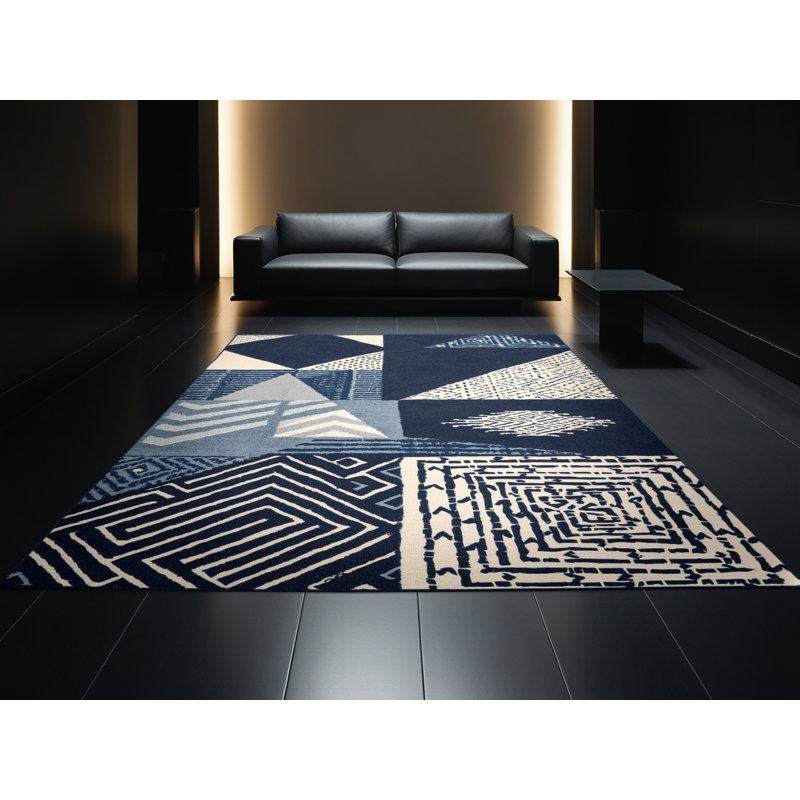 Tapis gris moelleux à motif de blocs d'inspiration mondiale, Rond 5 pi