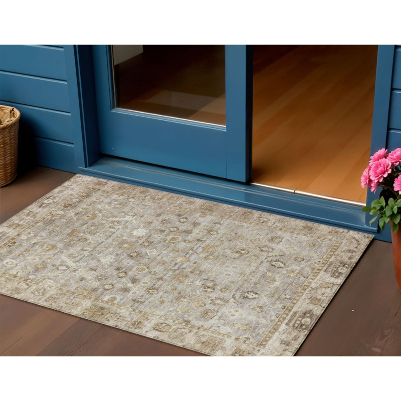 Tapis oriental lavable 90 x 150 cm, taupe, brun et ivoire, pour intérieur et extérieur.