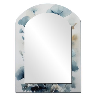 Blue Leaf Foliage And Flowers I - Leaves Arch Mirror, Blue Asymmetrical Unique Wall Mirror, Printed Metal Art