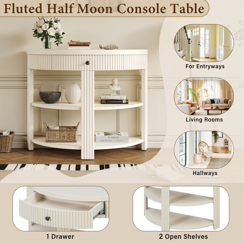 Console demi-lune cannelée avec tiroir et 2 étagères pour l'entrée, le salon et le corridor (Crème), Crème, Crème, Crème