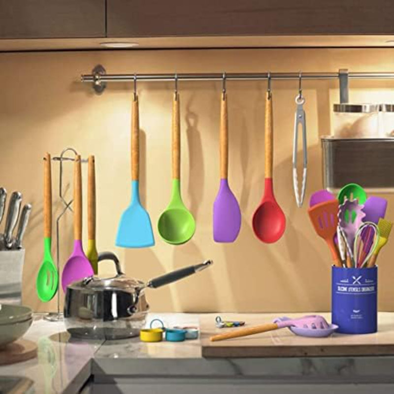 Ensemble d'ustensiles de cuisine de cuisine, ensemble de 33 ustensiles de cuisine antiadhésifs en silicone avec support, ensemble d'ustensiles de cuisine en silicone à poignée en bois (coloré)