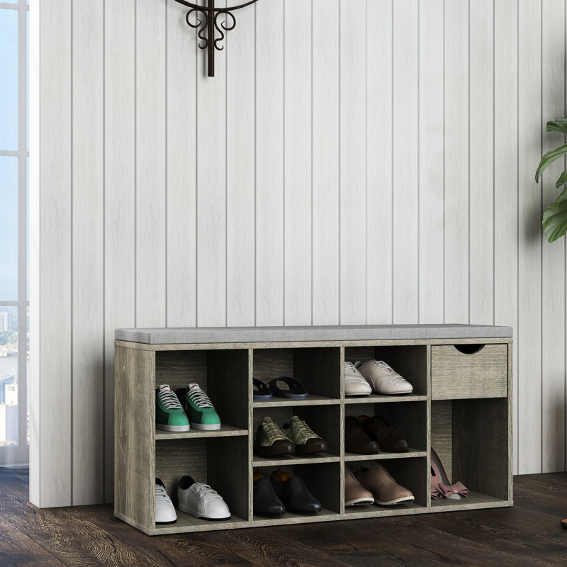Multifunctional Shoe Bench, Cushion, Drawer, Keys, Sunglasses, 10 Compartments, Gray, Particle Board Padded Seat, Accessories, - Compartment, Rack, Gray