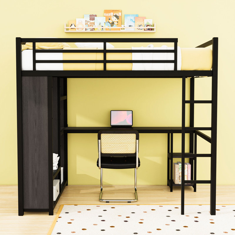 Metal Loft Bed with Wardrobe and Desk,Shelves, Black, Full