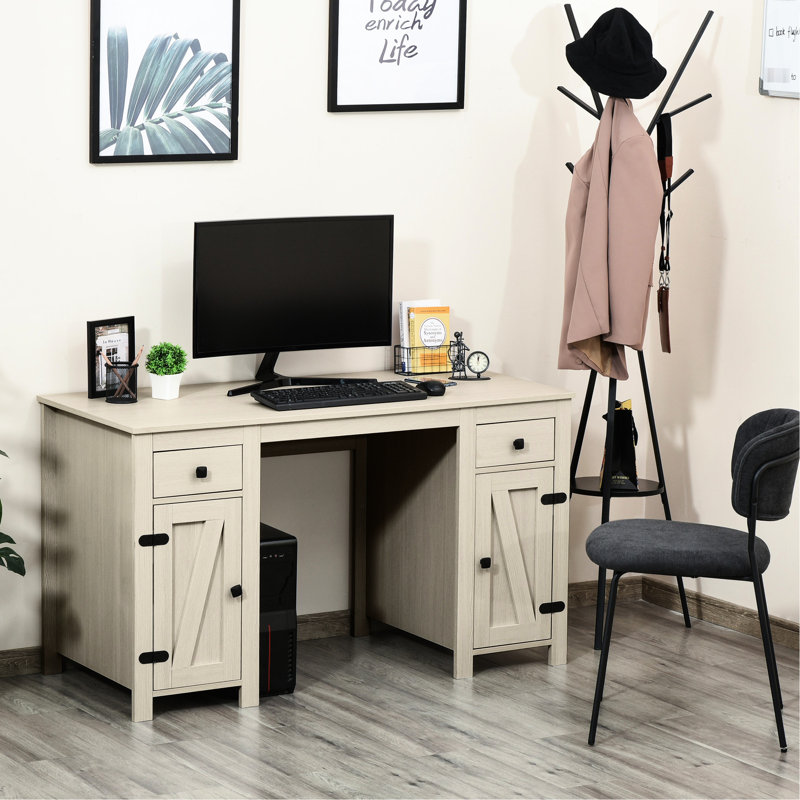 Bureau d'ordinateur avec rangement, couleur blanc crème. 2 tiroirs et 2 placards. Parfait pour ranger vos affaires du quotidien. Étagère réglable. Panneaux de qualité et finis en acier. Dimensions : 133 cm (L) x 60 cm (l) x 76 cm (H). Charge maximale : 60 kg. À assembler soi-même.