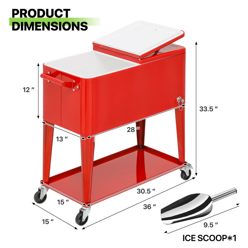 Red Steel 80 Quart Rolling Cooler Cart with Bottle Opener