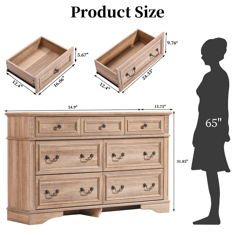 Ensemble de chambre à coucher 4 pièces - commode 7 tiroirs, commode haute 6 tiroirs et 2 tables de chevet, Naturel