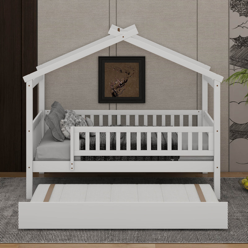 Wooden House Bed With Trundle, Lit simple, Blanc