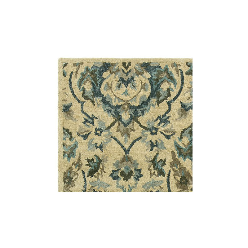 Katlyn Wool Damask Area Rug in Olive Green/Blue/Beige, Rectangle 2' x 3'