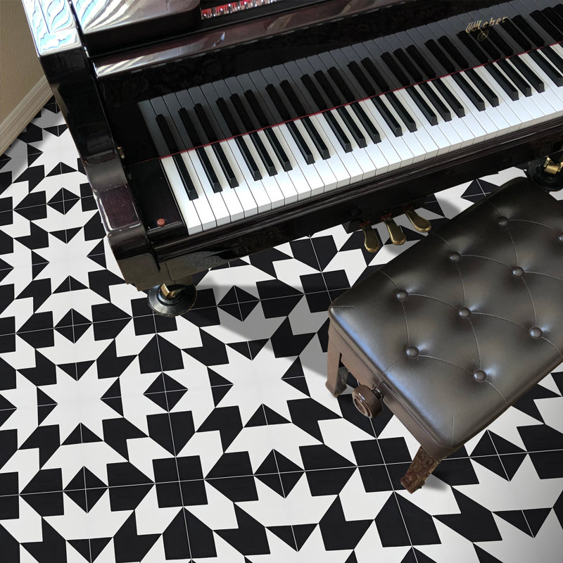 Oujda 8" x 8" Cement Patterned Wall & Floor Tile, Black/White