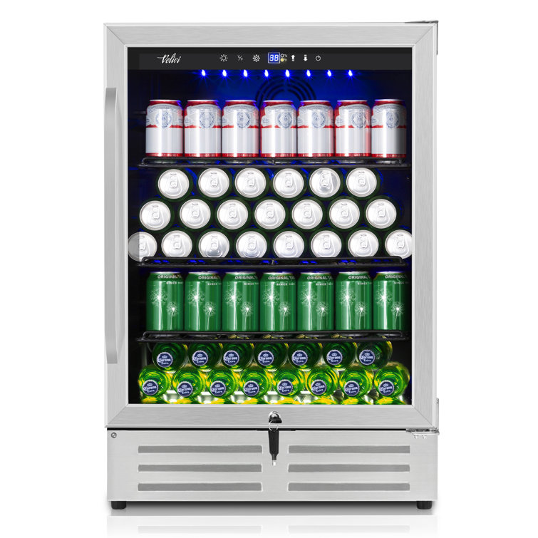 EUHOMY 55 Can Beverage Refrigerator cooler-Mini Fridge Glass Door for Beer  Drinks Wines, Freestanding Beverage Fridge with Adjustable Shelves Blue LED