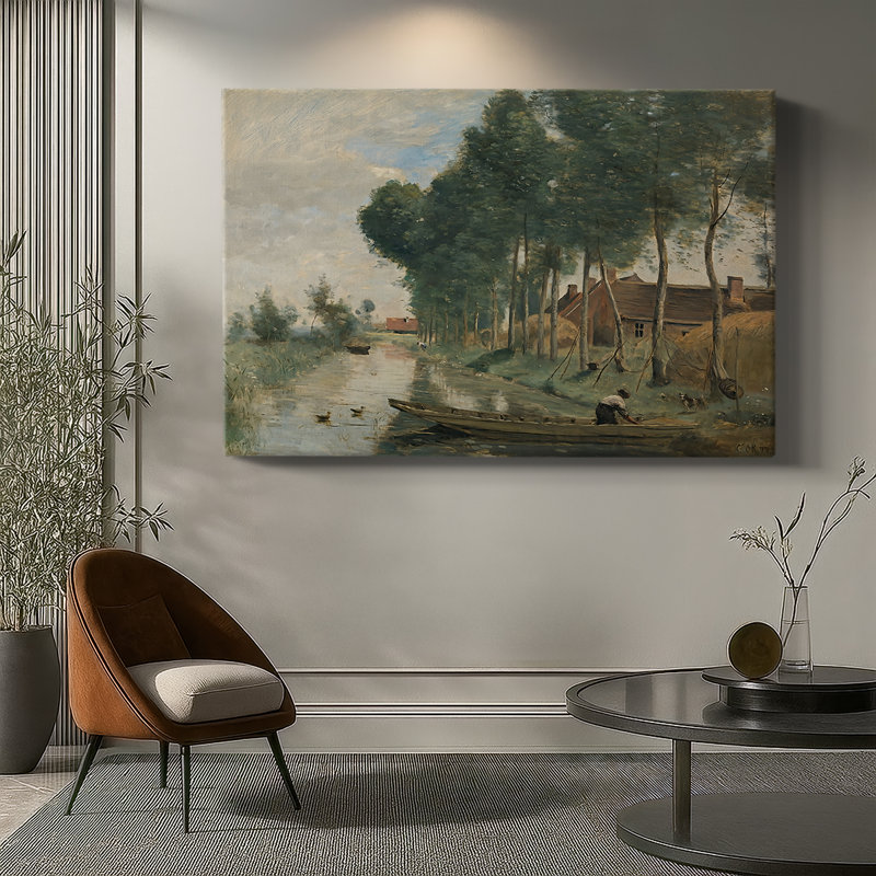 Jean «River Landscape with a Boatman» - Art mural sur toile tendue de qualité musée, 40 x 60