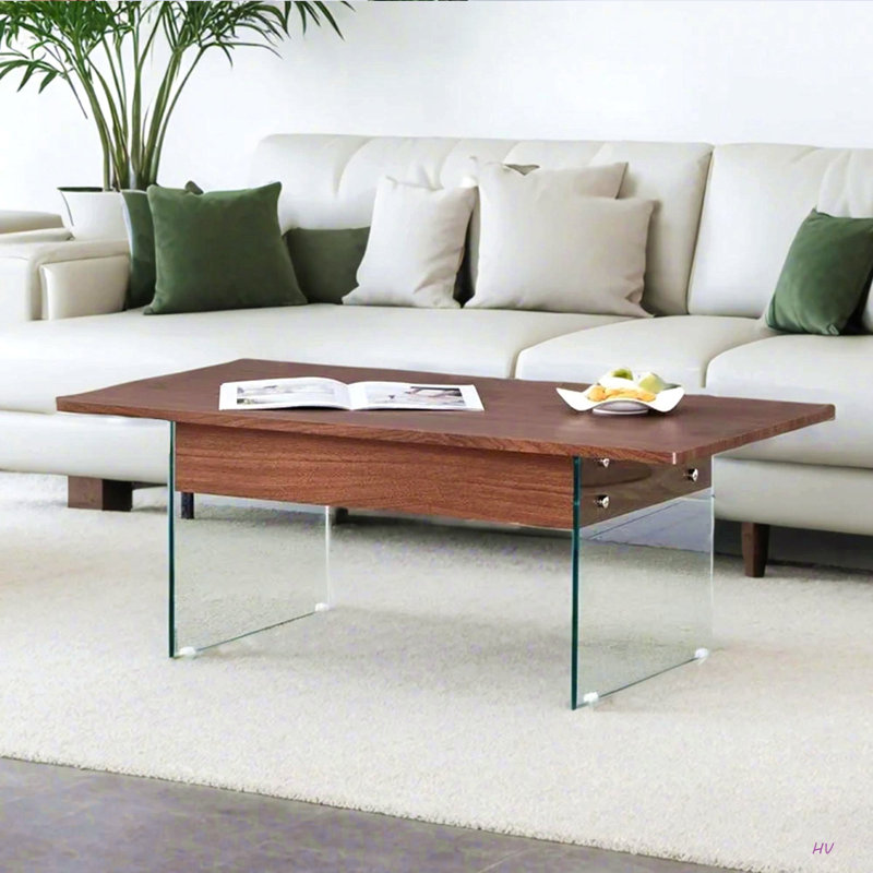Table basse multifonctionnelle à plateau relevable - Autocollant à grain de couleur foncée, essentiel pour les maisons modernes. Pieds en verre trempé, plateau relevable. Parfaitement adapté aux salons et aux bureaux.