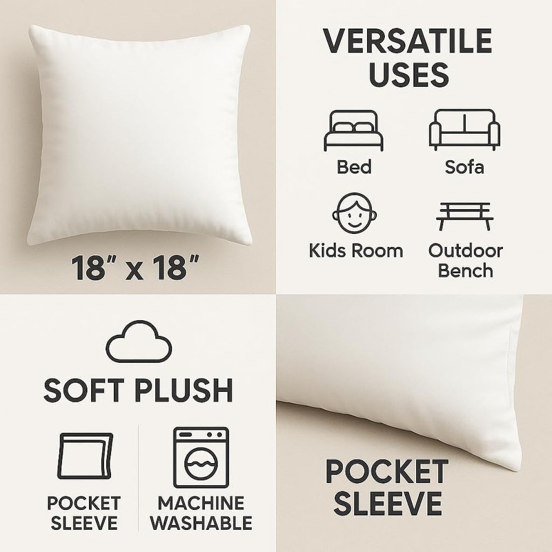 Casafoyer Throw Pillow Inserts (18"x18") | Set Of 2 | Easy Maintenance Inserts For Better Comfort | Polyester Gel Fibre Fill | No Feather Pokes | Machine Washable In Delicate Cycle