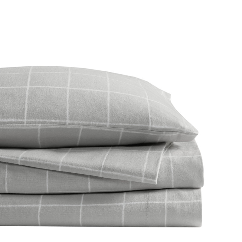 California King Grey Windowpane Cotton Flannel Sheet Set