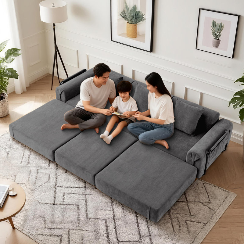 Canapé-lit convertible à 3 places avec plateau de rangement et conception modulaire, Mélange de polyester gris