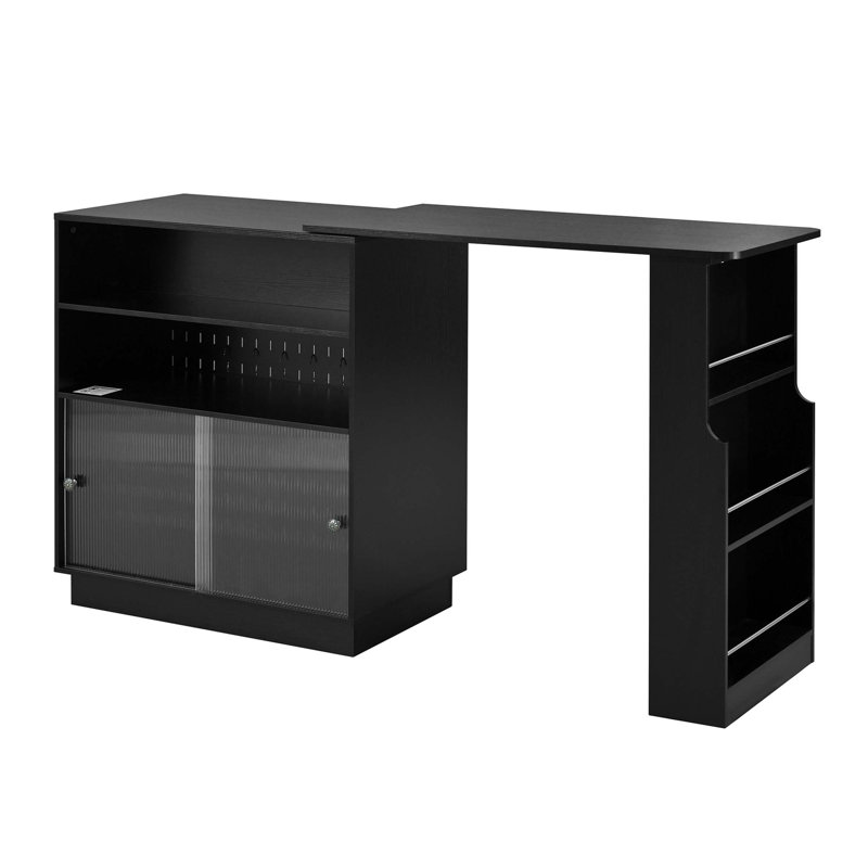 Table à hauteur de comptoir avec plateau rotatif extensible, portes coulissantes en acrylique, panneau perforé, tablettes ouvertes et poignées en aluminium pour la salle à manger, l'îlot de cuisine ou le bar à la maison.