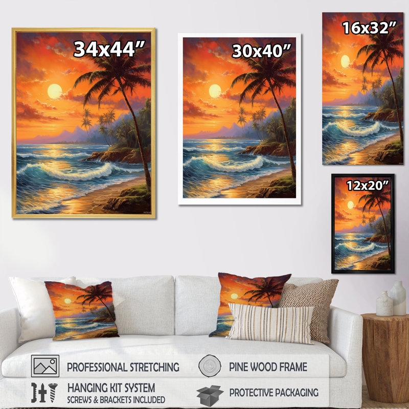 «Bright Sunset Of Waves Breaking At The Shore V», reproduction sur toile, Cadre doré à une seule photo