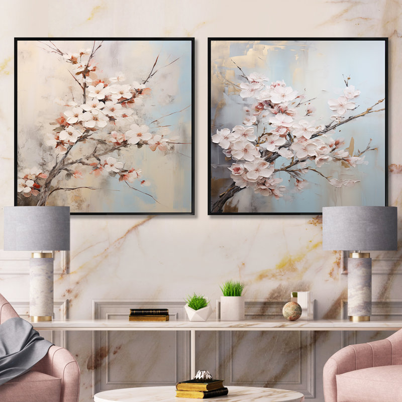Minimalisme - Ensemble de 2 cerisiers en fleurs roses et blanches, Cadre flottant noir, H 16 po x l 33 po