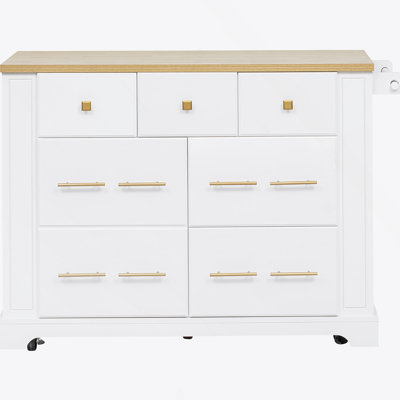 Versatile Rolling Kitchen Island With 6 Drawers, Pull-Out Trash Can, Drop-Leaf Countertop, Built-In Power Outlets, And 5 Lockable Wheels For Flexible Cooking And Storage.