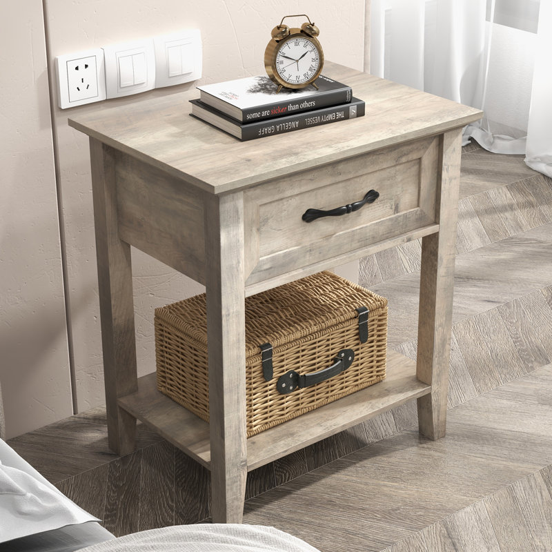 Table de chevet industrielle 1 tiroir avec tiroir et 2 tablettes, table de chevet en bois rustique, table de bout compacte pour petits espaces et condos, finition grise