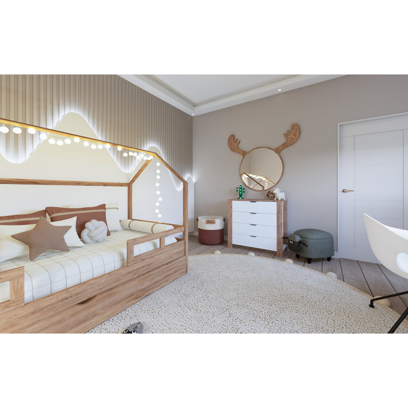 Modern Scandinavian Dresser with 4 Drawers, Light Walnut & White, 35.4 x 33.5 x 16.5 inches | 100% Melamine Coated Particle Board, Thickness: 0.7 inches | Stylish & Functional Storage Solution for Any Bedroom
