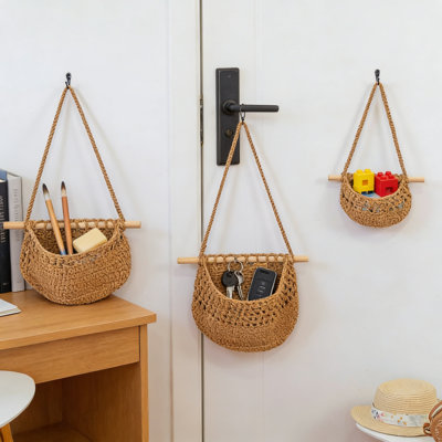 3-Tier Cotton Hanging Basket Set, Woven Wall Storage Organizer For Kitchen And Bathroom, Space-Saving Macrame Fruit And Vegetable Holder, Boho Home Decor