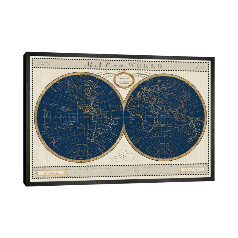 Torkingtons World Map Indigo Globes by Sue Schlabach - Print on Canvas, 66.04cm H x 101.6cm W x 3.81cm D