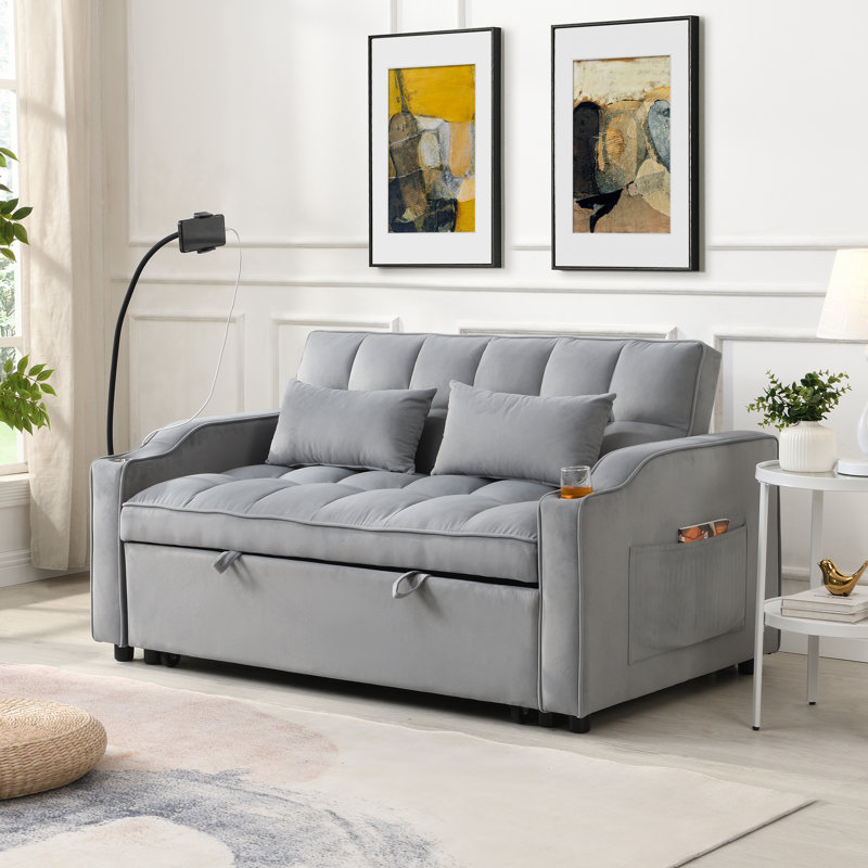 Canapé-lit futon moderne convertible en futon avec lit escamotable, dossier inclinable réglable, coussins décoratifs, poches, idéal pour les petits espaces
